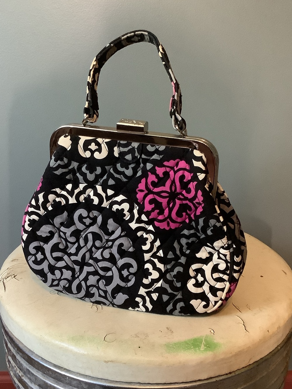 EUC Vera Bradley Quilted Black & Pink Patterned Top-Handle Bag
